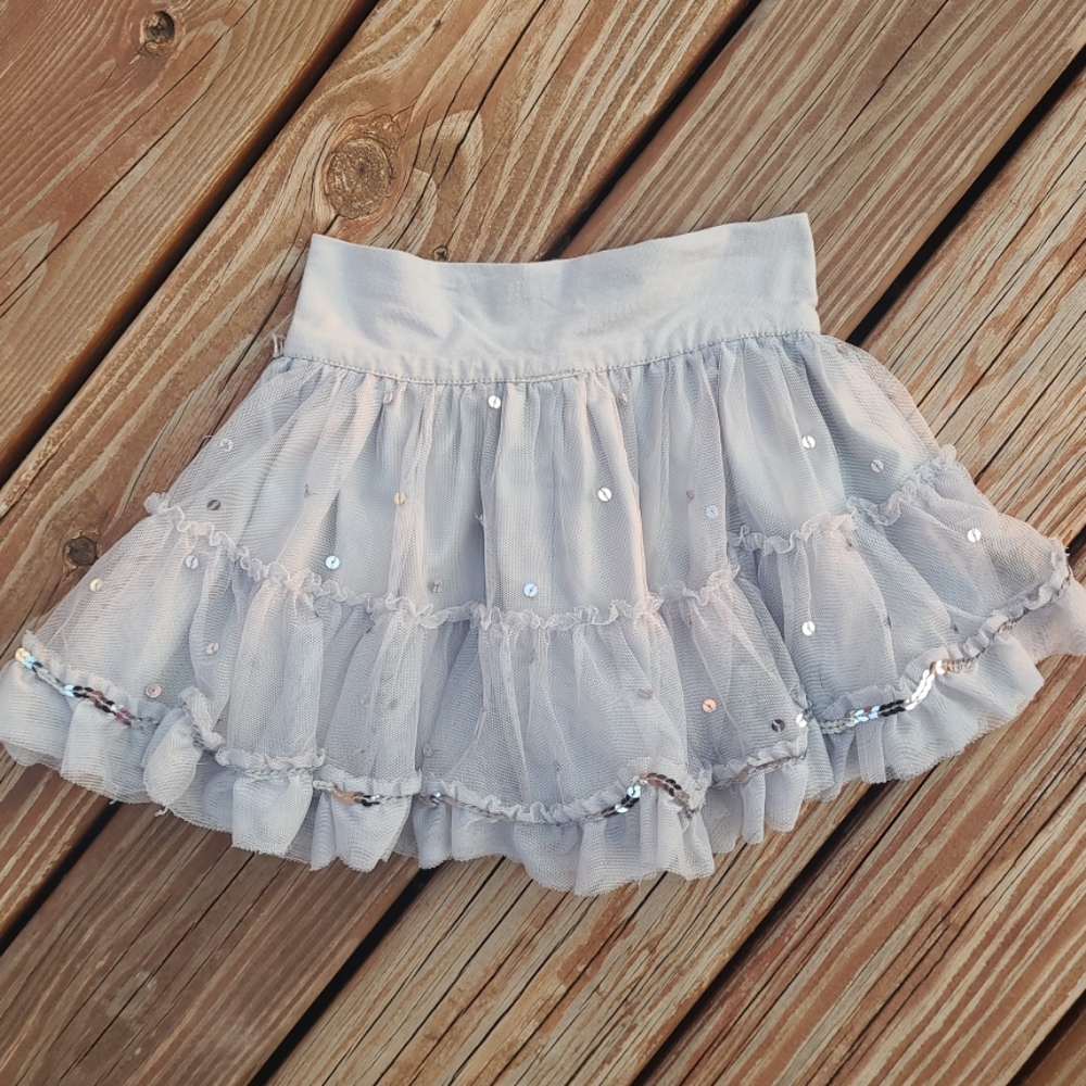 Gap Kids Girls Sz Xs 4/5 Silver Sequin Holiday Tulle Ruffle Skirt Gray Lined